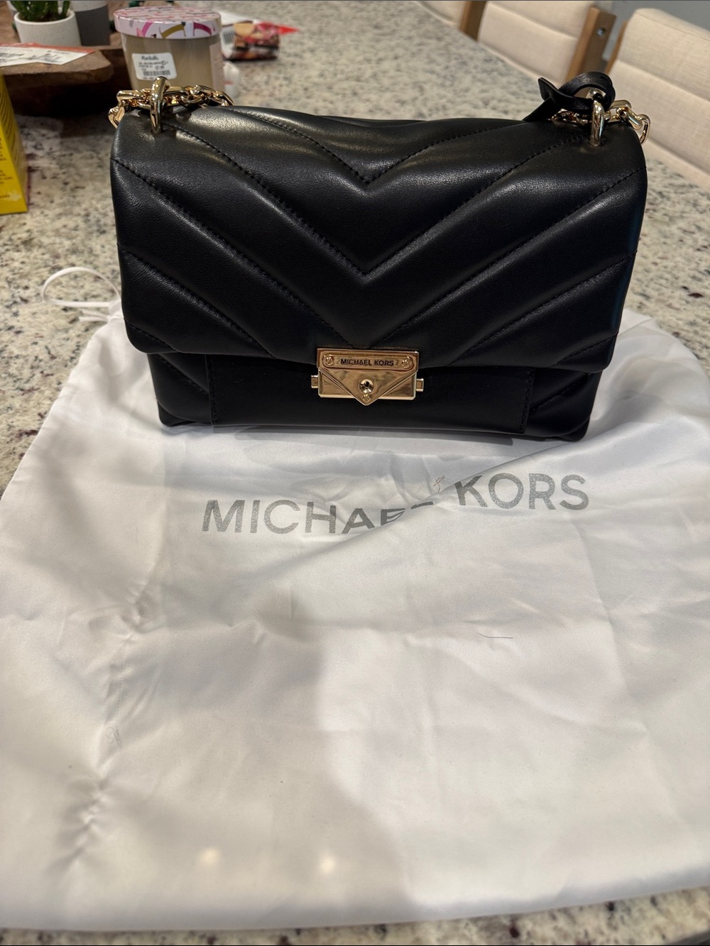 Michael Kors Black Quilted Leather Shoulder Bag with Gold Hardware Accent